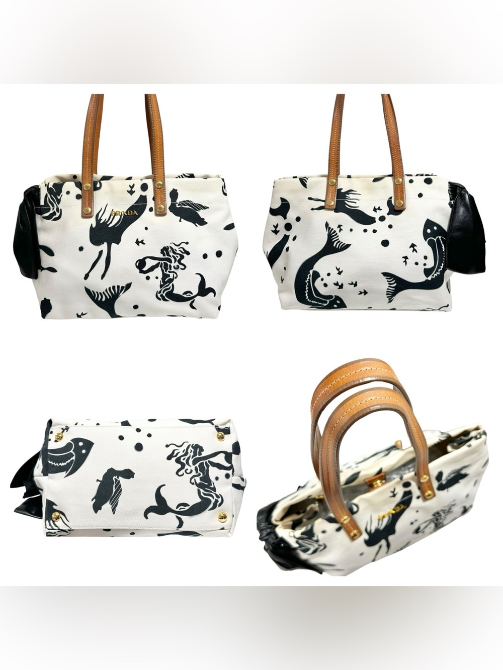 Prada White & Black Mermaid Stampata Canapa & Leather Bow Stampada Bag - Picture 2 of 15